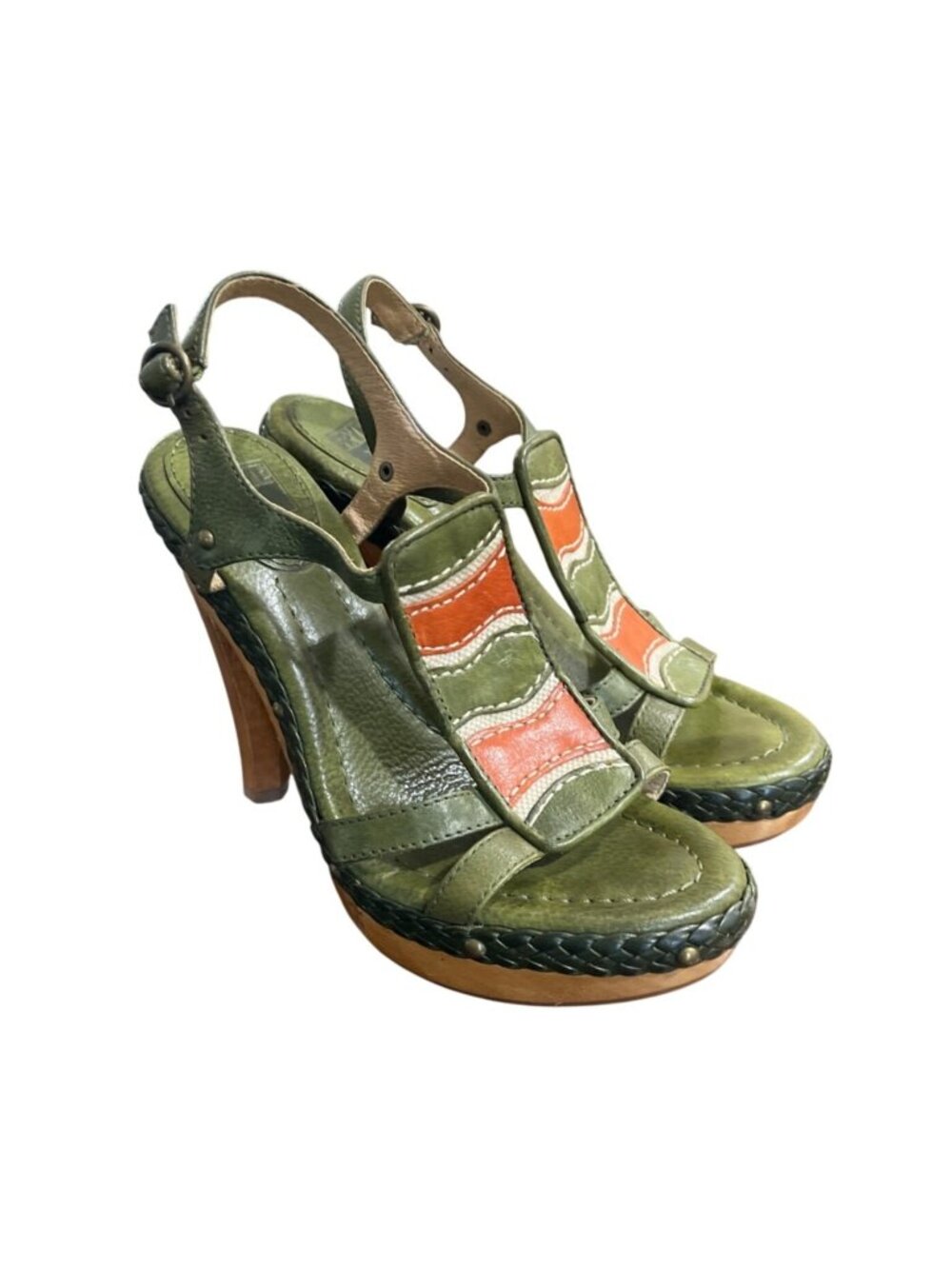 Frye Women Size 6.5 Dara Canvas Leather High Heel Sandals Wood-Heel Green Orange - Picture 2 of 10